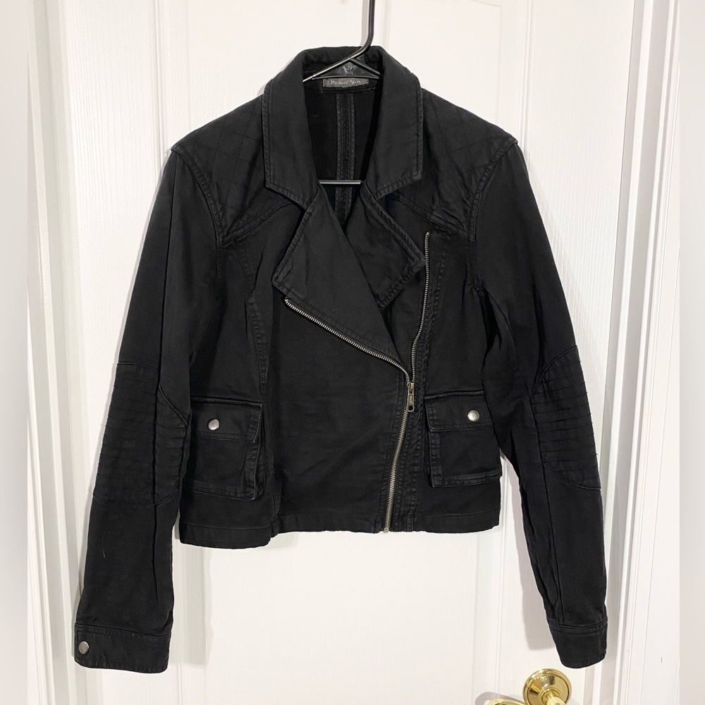 Michael Stars Quilted Shoulder Elbow Patch Moto Jacket Black Cotton Medium